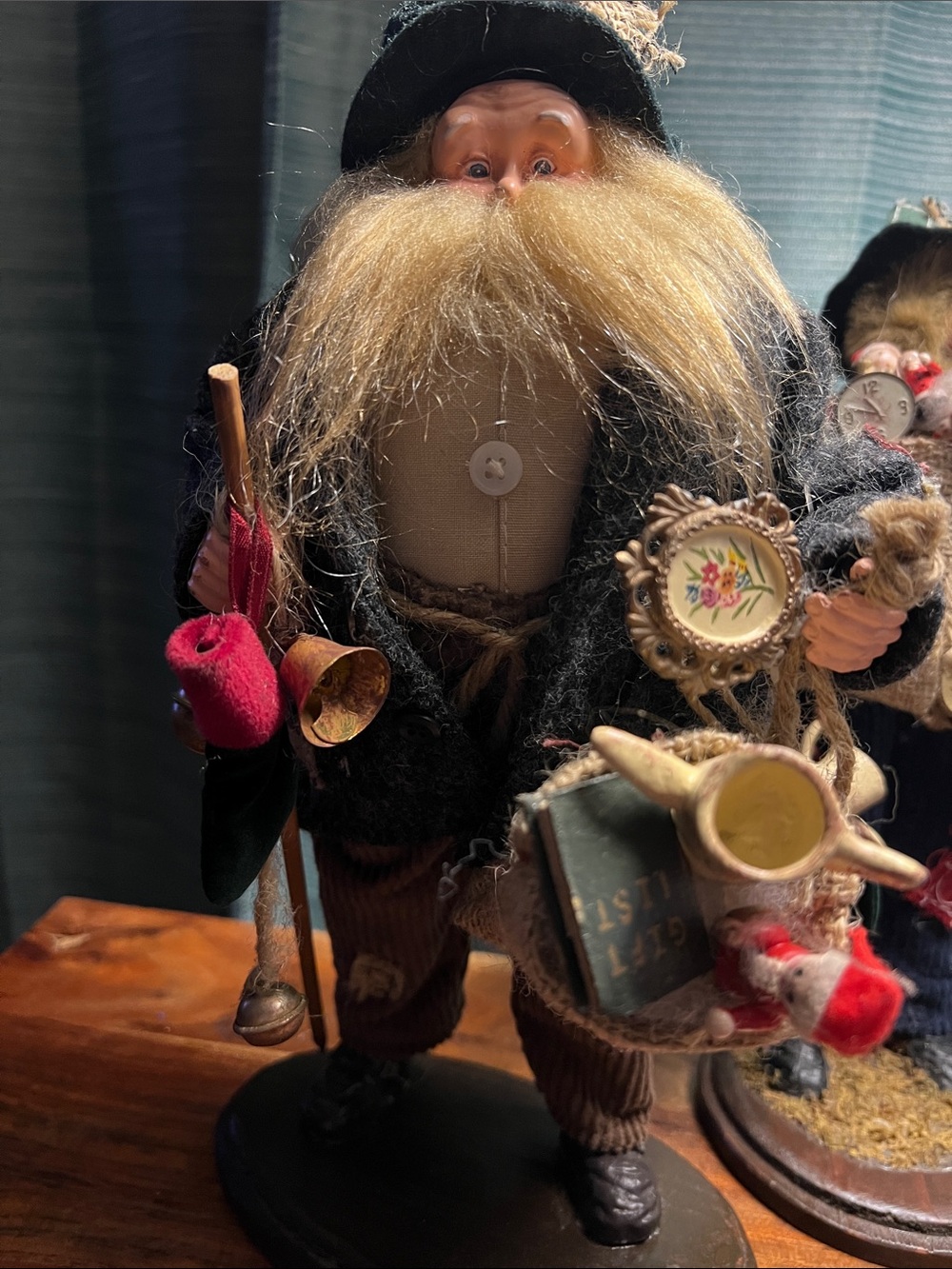 Vintage Old World Hobo Santa Folk Art Christmas Figurine Toy Sack Bells